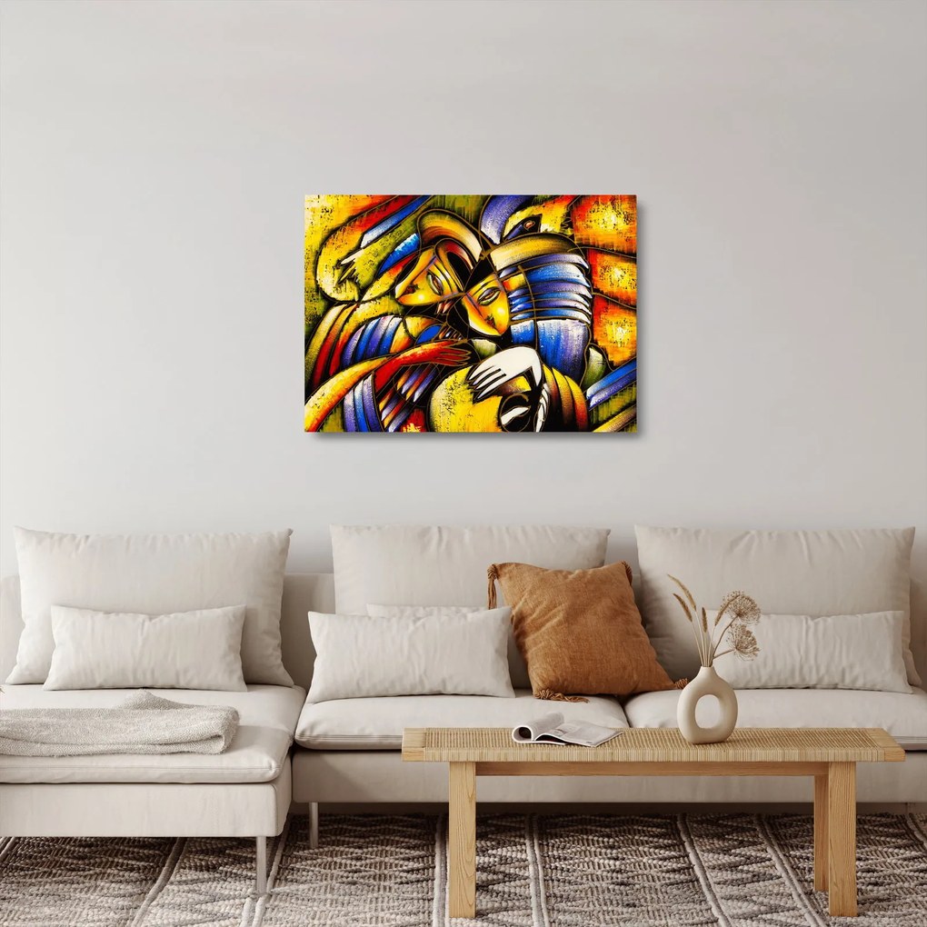 Tablou pe sticlă - Pictură în ulei, îndrăgostiții (70x50 cm)