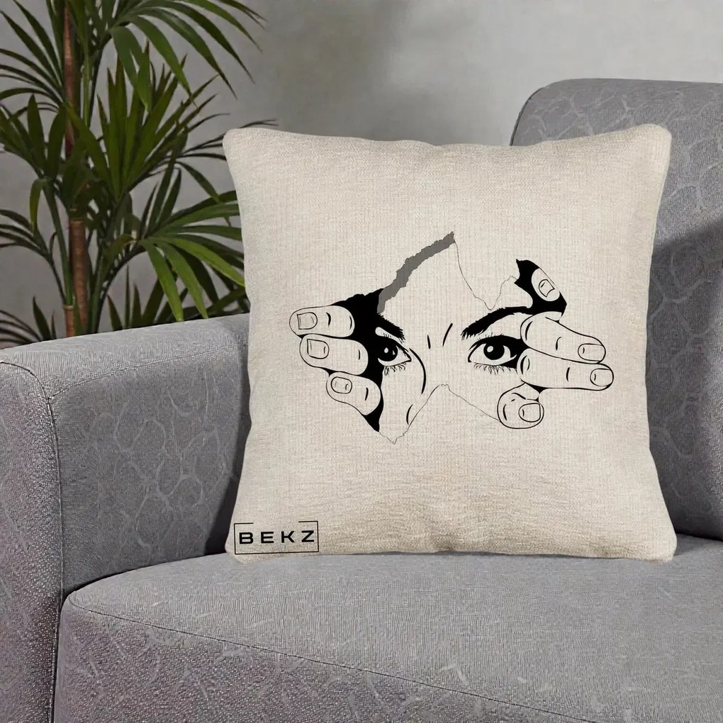 Perna Decorativa Ochi care Rup Suprafata, 40x40 cm, Bej Canapea, Husa Detasabila, Perna Inclusa, BEKZ®