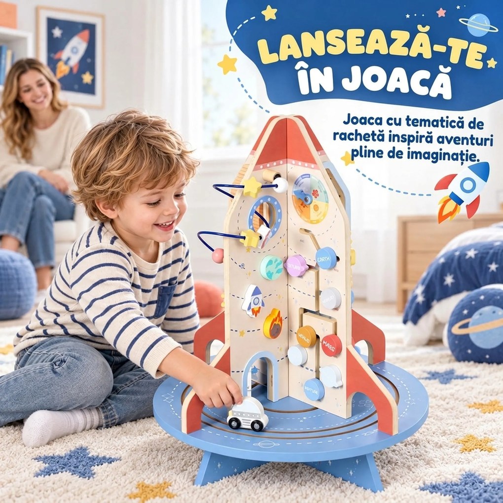 AIYAPLAY Masă Educativă Montessori pentru Copii din Lemn, cu Tematică Rachetă, Traseu de Bile, Angrenaje și Abac | Aosom Romania