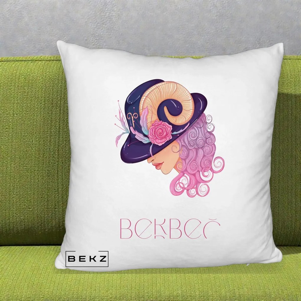 Perna Personalizata Zodie Berbec, 40x40 cm, Alb Pufos, Husa Detasabila, Perna Inclusa, BEKZ®