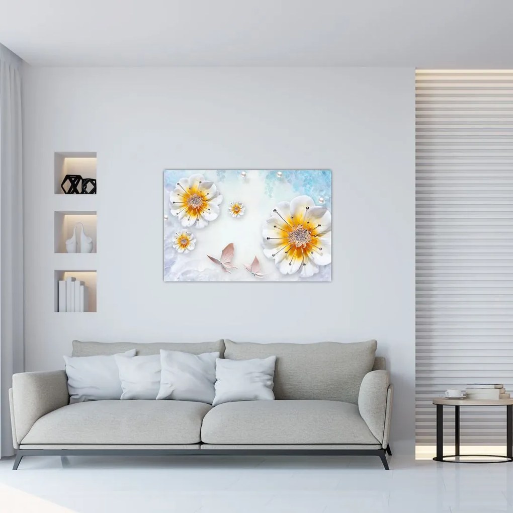 Tablou - Copoziția flori și fluturi (90x60 cm)