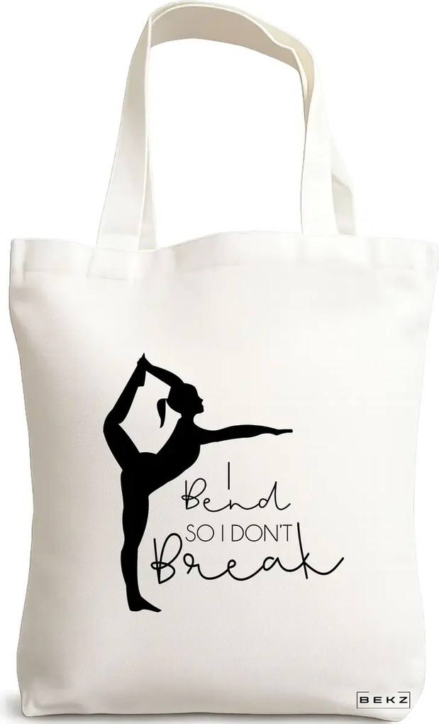 Sacosa de Panza pentru Cumparaturi, Geanta Tote Yoga I bend so I don't break, 38x34.5 cm, Alba, BEKZ®