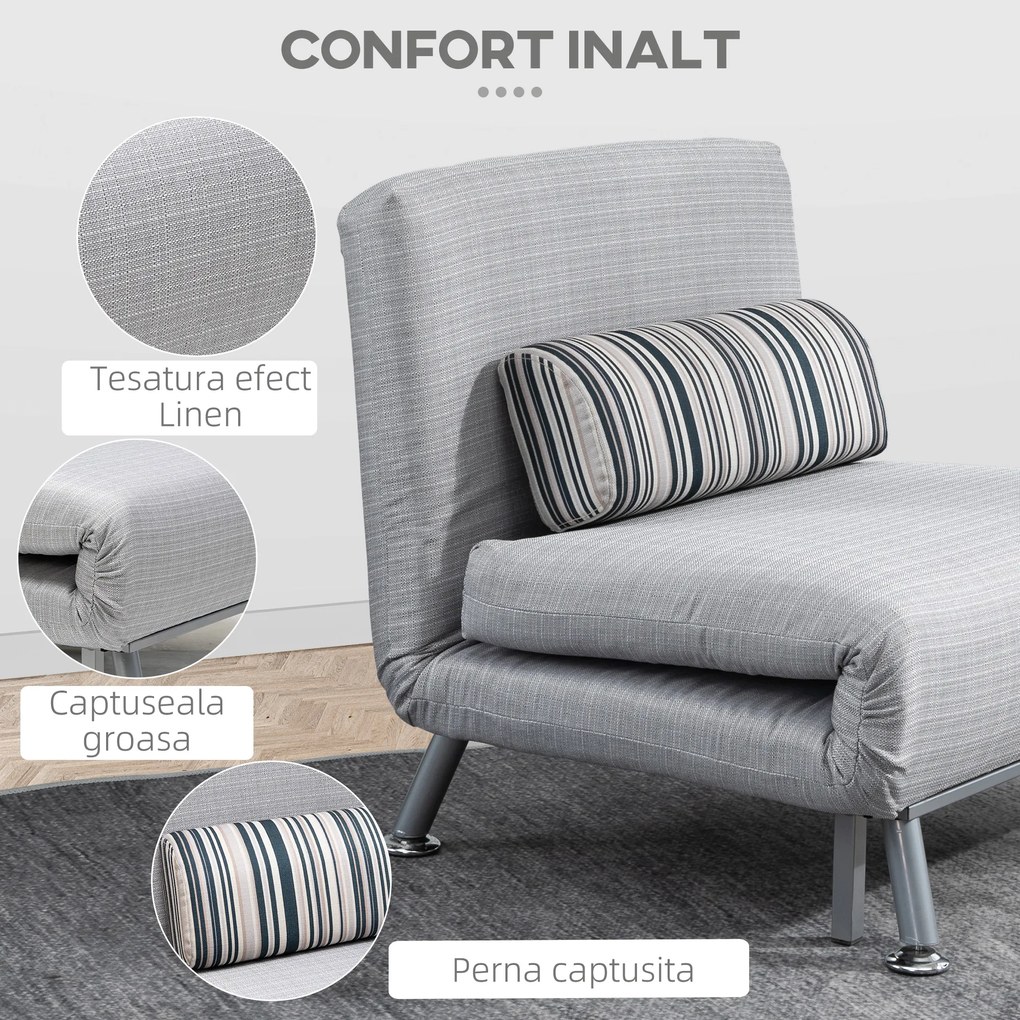 Fotoliu pat extensibil HOMCOM din Fier și Bumbac cu Pernă cu Dungi, Gri 75x70x75cm | Aosom Romania