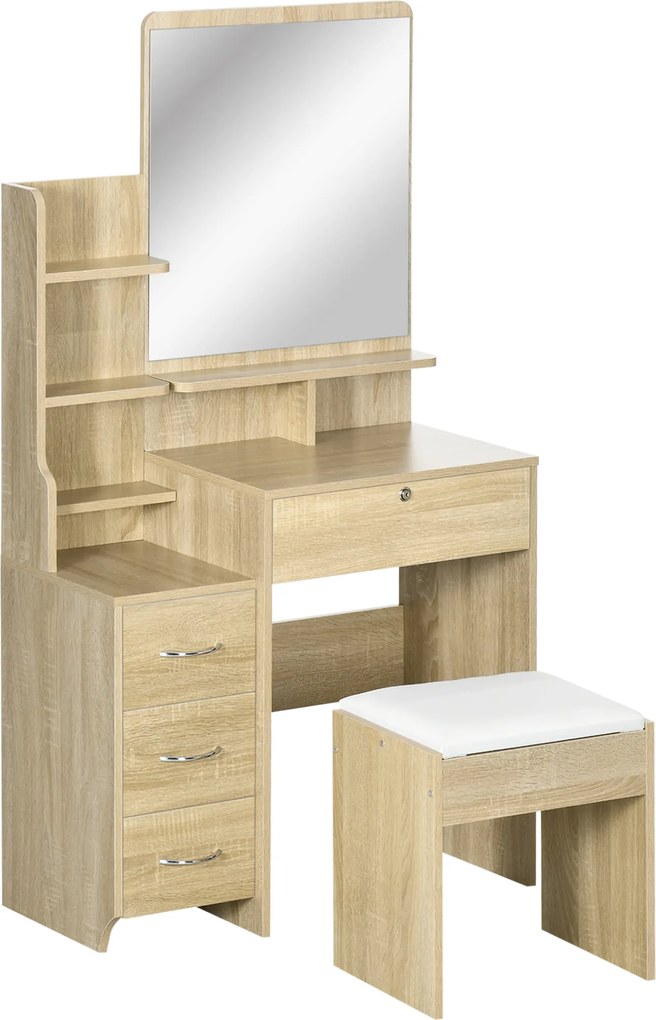 HOMCOM Masă de machiaj cu oglindă, scaun, sertare și rafturi alb | Aosom Romania
