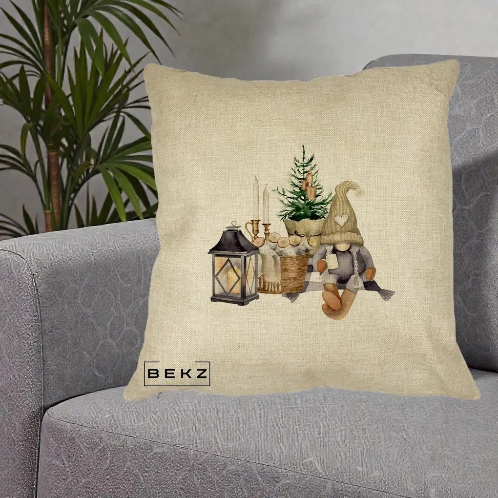 Perna Decorativa Gnom Scandinav cu Felinar, 40x40 cm, Crem, Husa Detasabila, Perna Inclusa, BEKZ®
