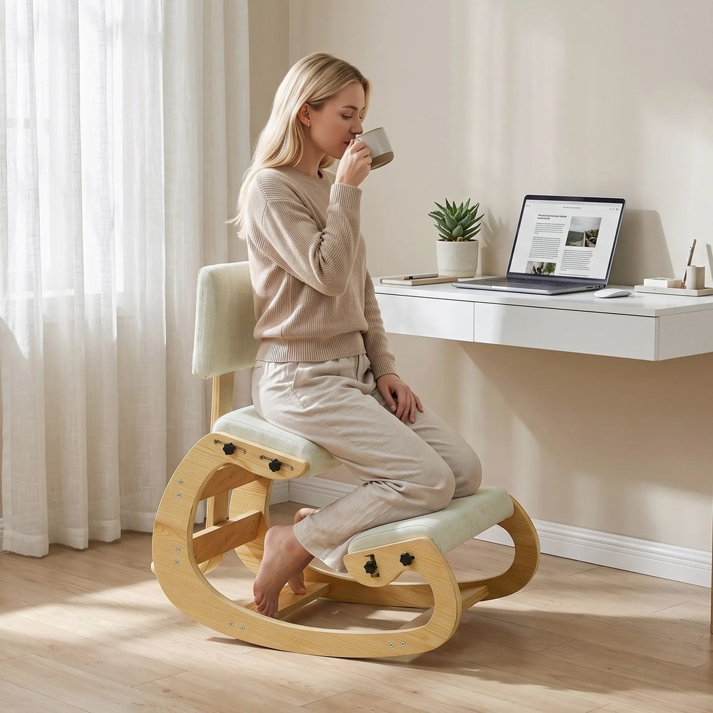 HOMCOM Scaun Ergonomic pentru Genunchi cu Spatar, Balansoar, Postural, Lemn Mesteacan, Crem | Aosom Romania