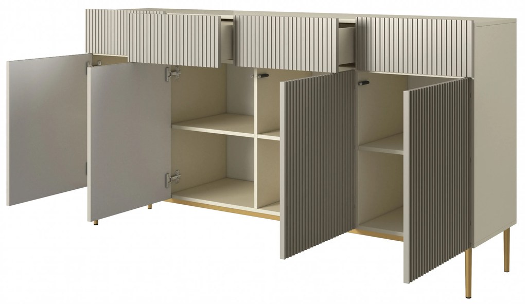 Comodă cu patru uși Nicole 200 cm cu sertare, fronturi riflate - casmir / picioare aurii