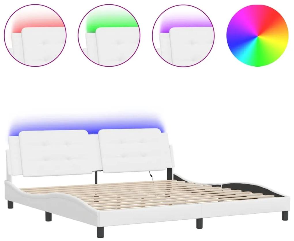 3214132 vidaXL Cadru de pat cu lumini LED, alb, 200x200 cm, piele ecologică