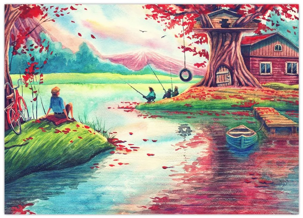 Tablou pe sticlă - Acuarelă, Golf într-un sat de munte (70x50 cm)