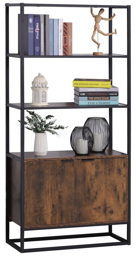 HOMCOM Biblioteca cu 3 Rafturi, Design Inaltat, din Lemn, Cadru din Metal, Negru si Maro 76x33x162.5cm | Aosom Romania