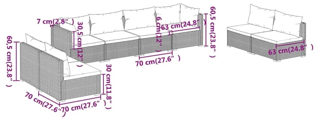 Set mobilier de gradina cu perne, 8 piese, gri, poliratan gri si bleumarin, 2x colt + 6x mijloc, 1