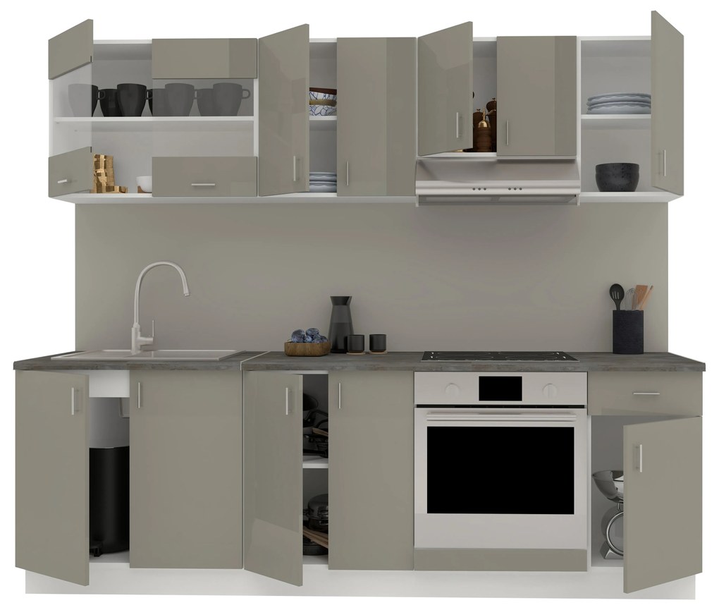 Set Bucatarie Karo V15, Gri Lucios/Alb, MDF, Blat Thermo 28 mm, L 240 cm