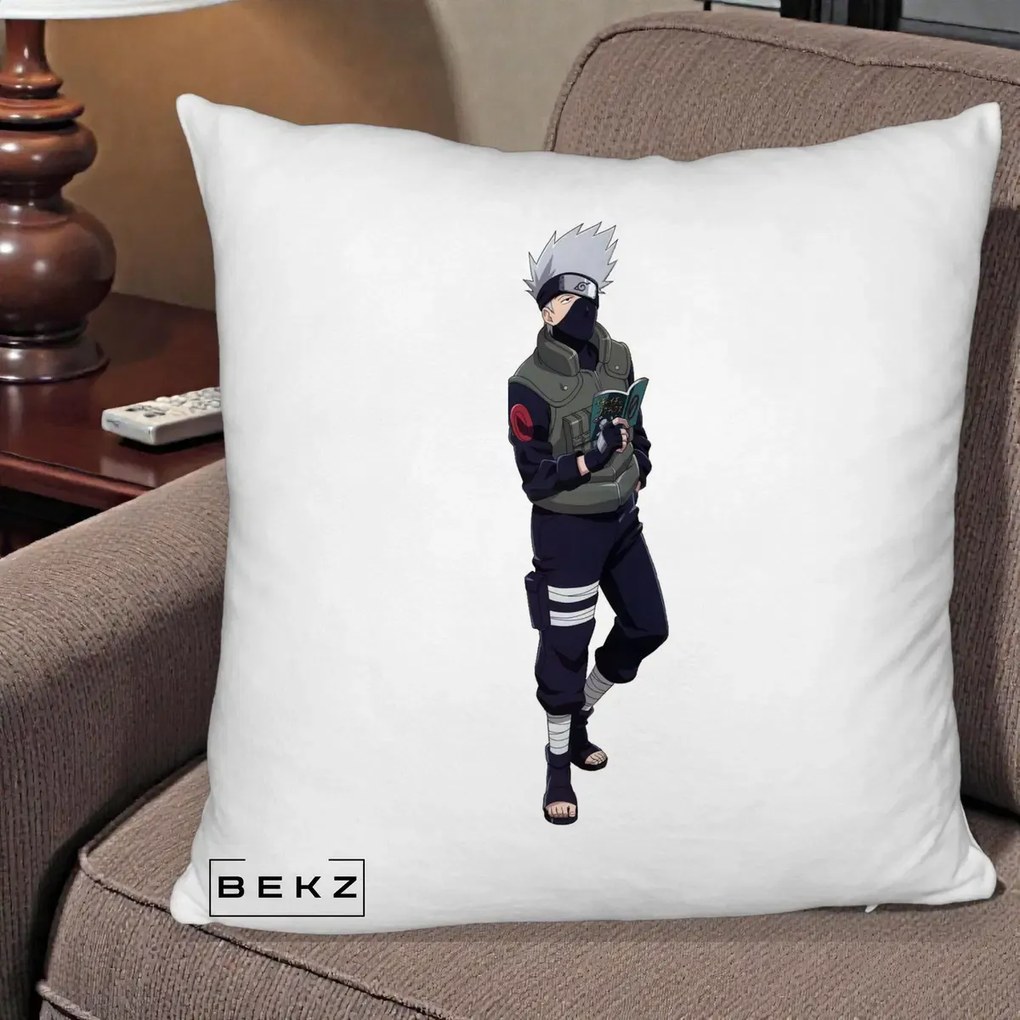 Perna Personalizata Naruto Kakashi Hatake Portret Complet, 40x40 cm, Alb Pufos, Husa Detasabila, Perna Inclusa, BEKZ®