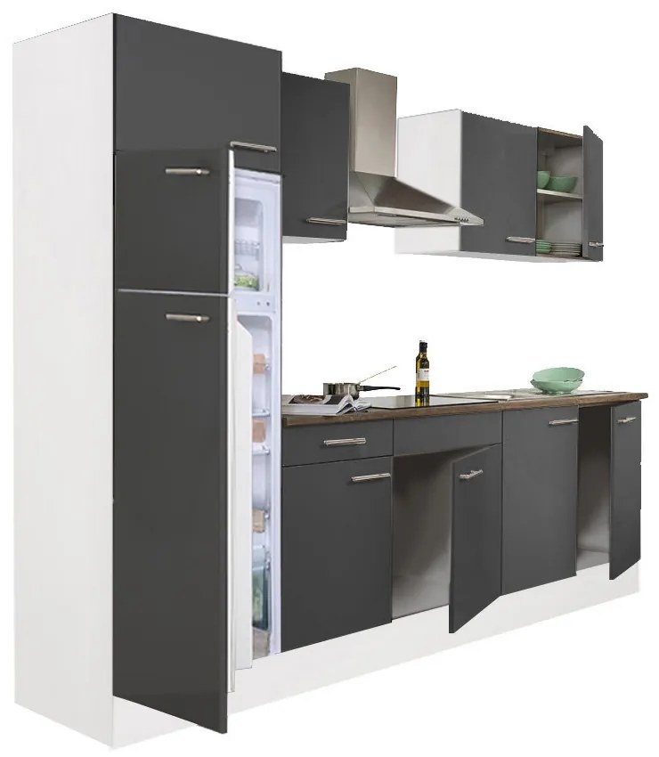 Mobilă de bucătărie Yorki 270, corp alb, față antracit satinat, frigider cu congelator superior