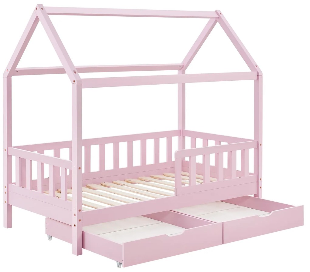 Patut Marli 90 x 200 cm cu 2 sertare si grilaj sipci - roz