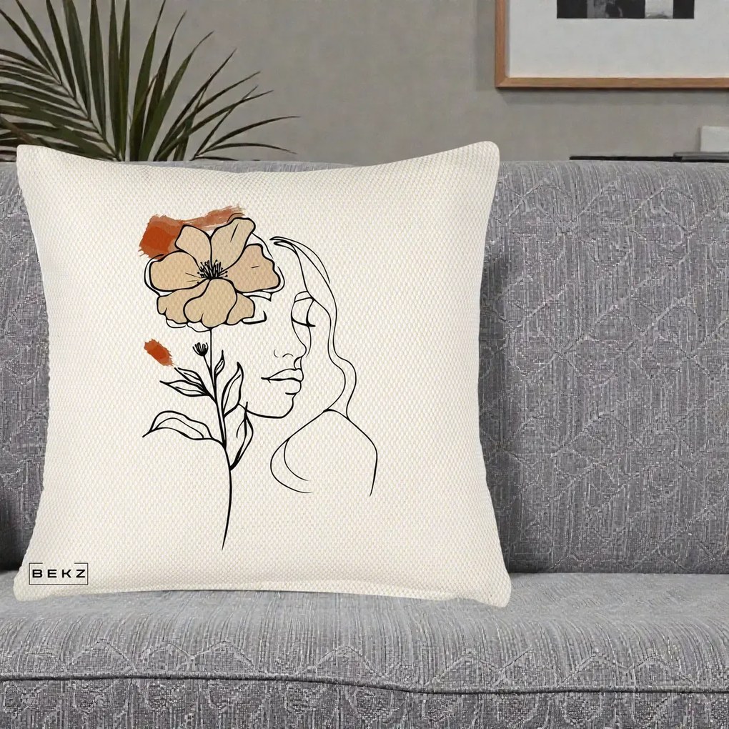 Perna Decorativa Portret Feminin Floare Bej Terracotta, 40x40 cm, Crem Reliefat, Husa Detasabila, Perna Inclusa, BEKZ®