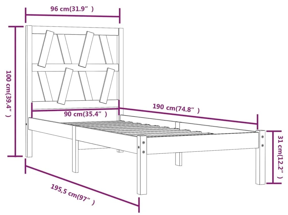 Cadru de pat Single 3FT, maro miere, 90x190 cm, lemn masiv pin maro miere, 90 x 190 cm