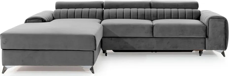 Colțar gri extensibil/cu spațiu de depozitare cu tapițerie din catifea (cu colț pe partea stângă/cu șezlong) Grayson – ELTAP