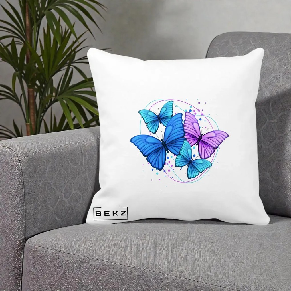 Perna Decorativa Patru Fluturi Turcoaz-Violet, 40x40 cm, Alba Mata, Husa Detasabila, Perna Inclusa, BEKZ®