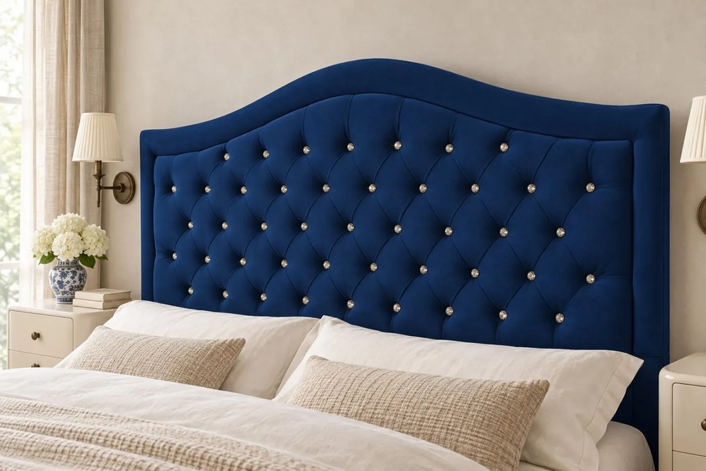 Pat tapițat Chesterfield din catifea Solaria Deluxe Cristal 160×200 cm, bleumarin, cu ladă de depozitare
