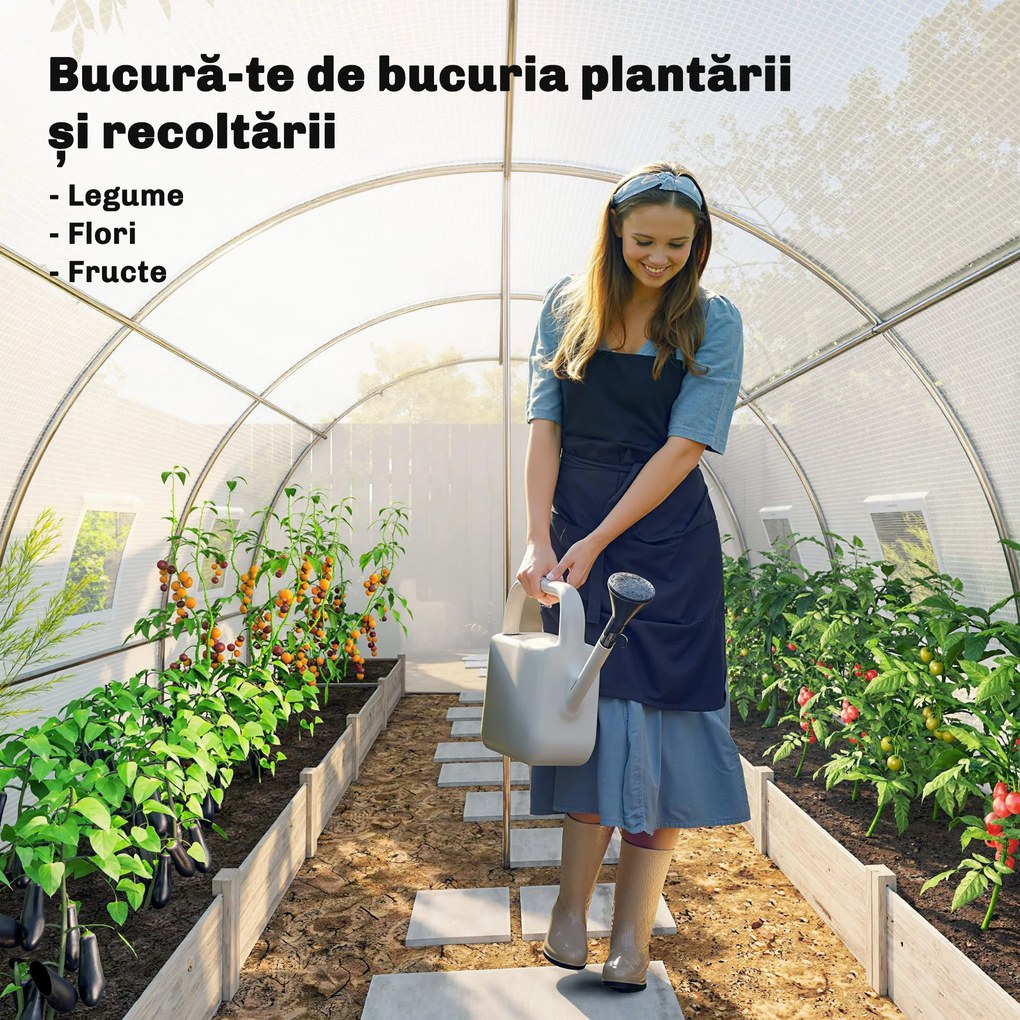 Outsunny Seră de Grădină Tip Tunel 4x3x2 m cu 2 Bare Detașabile, Uși Rulabile și Ferestre cu Plasă, Seră pentru Grădină de Legume și Flori, Structură din Oțel Zincat și Acoperire PE, Alb | Aosom Romania