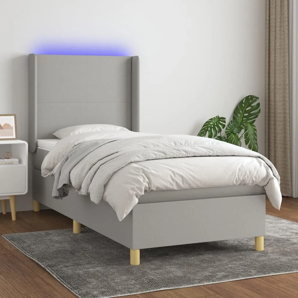 vidaXL Pat cu arcuri, saltea și LED, gri deschis, 90x200 cm, textil
