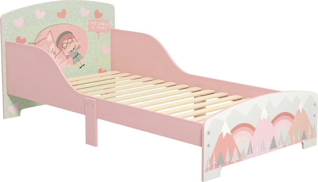 ZONEKIZ Pat pentru Copii 3-6 Ani cu Margini Înălțate și Model cu Animale, 77x143x60 cm, Roz | Aosom Romania