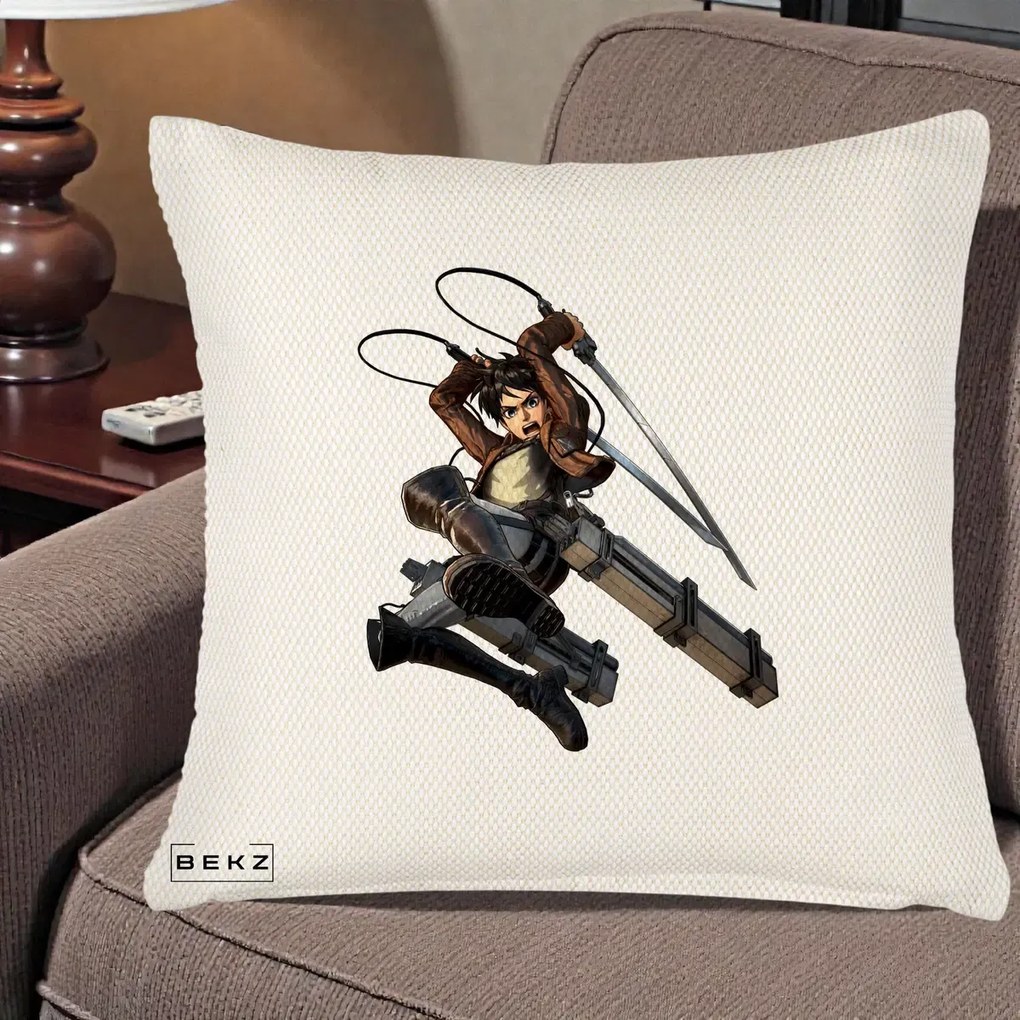 Perna Personalizata Attack on Titan Eren Yeager Lupta, 40x40 cm, Crem Reliefat, Husa Detasabila, Perna Inclusa, BEKZ®