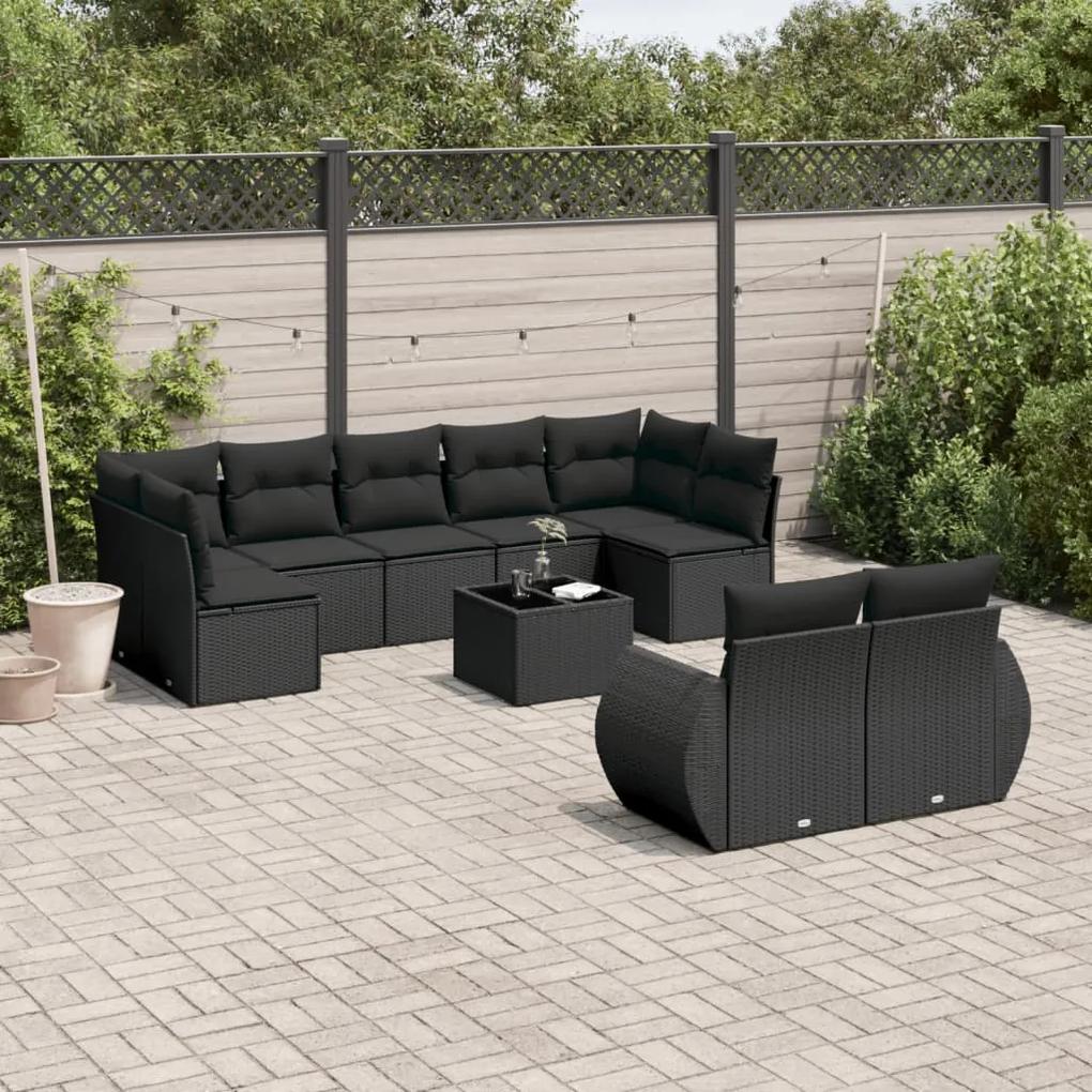 3254162 vidaXL Set canapele de grădină cu perne, 10 piese, negru, poliratan