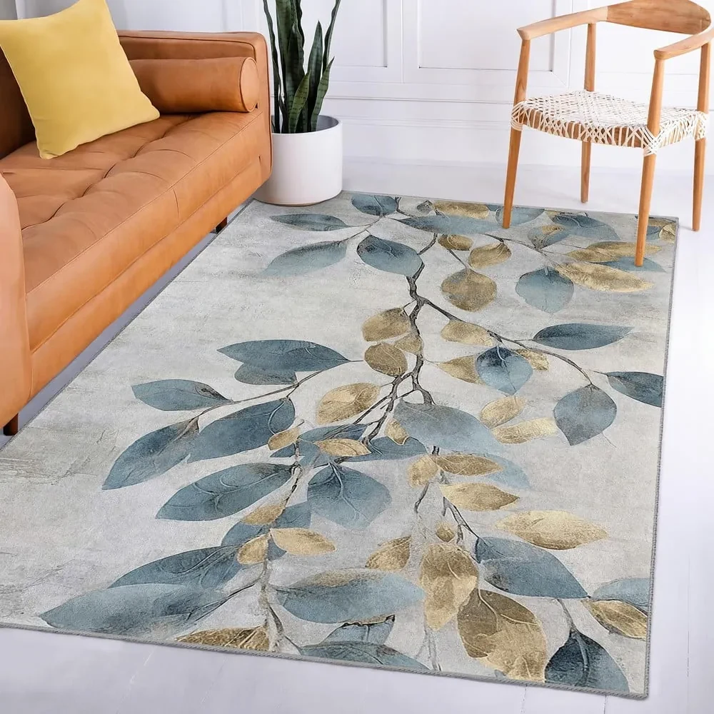 Covor tip traversă albastru deschis/auriu lavabil 80x200 cm Golden Leaves – Mila Home