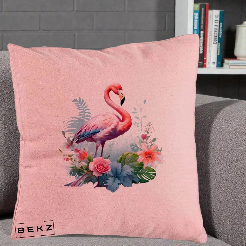 Perna Decorativa Flamingo cu Flori Tropicale Acuarela, 40x40 cm, Roz, Husa Detasabila, Perna Inclusa, BEKZ®