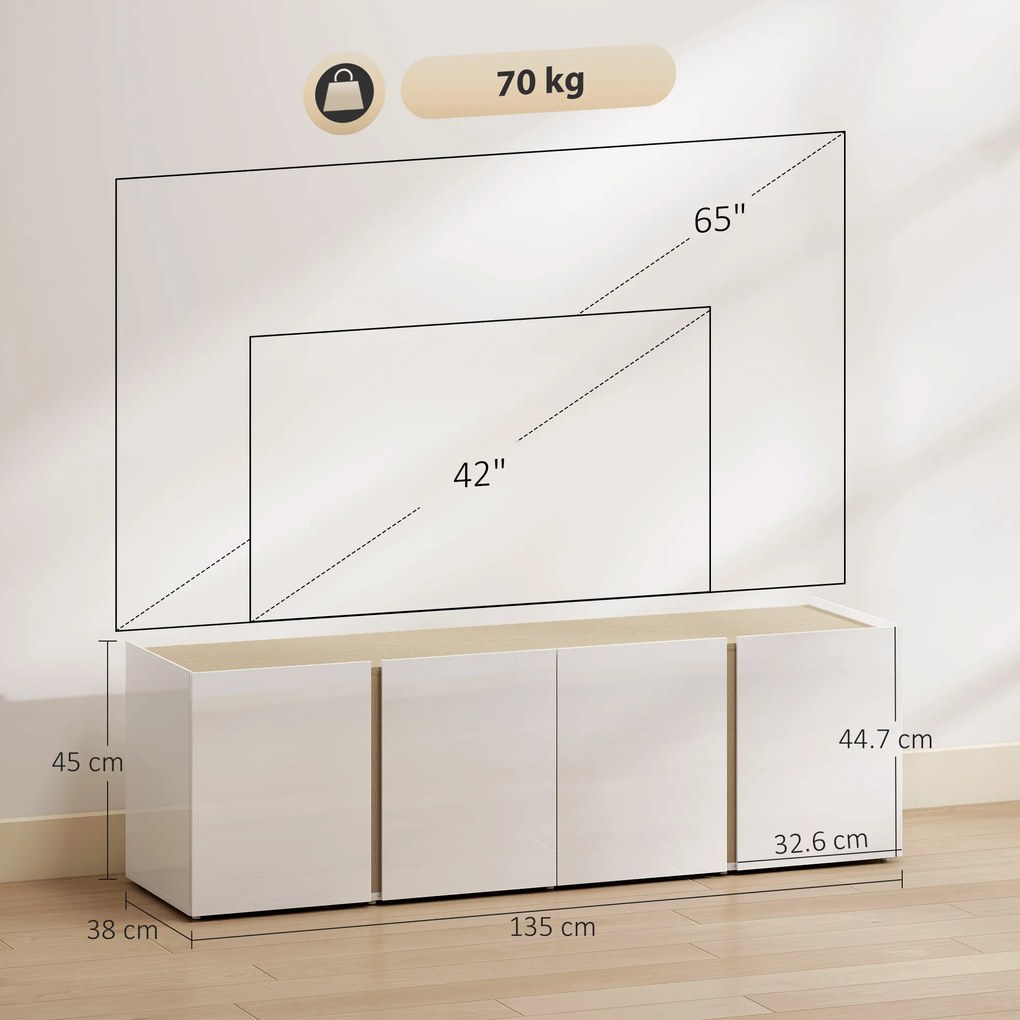 HOMCOM Comodă TV pentru televizoare de 65 de inch, Dulap TV cu uși Soft-Close, rafturi ajustabile, orificii pentru cabluri, pentru camera de zi, Alb | Aosom Romania