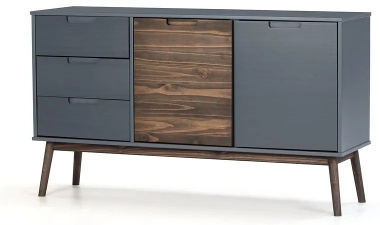 Comodă gri antracit/maro închis joasă din lemn masiv de pin 140x80 cm Nussa – Marckeric