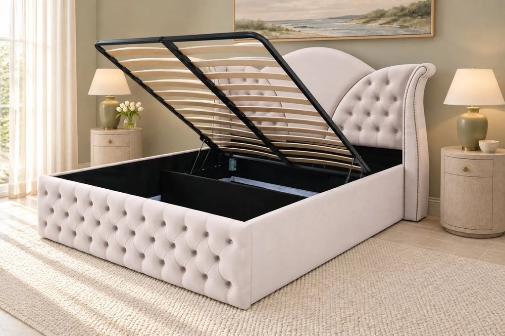 Pat tapițat Chesterfield din catifea Velora 180×200 cm, crem, cu ladă de depozitare