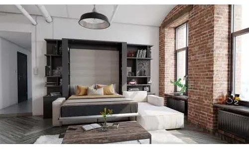 Set pat rabatabil dublu (150X200), 2 biblioteci, canapea 3 locuri si otoman - NOVA BOOKCASES FANCY SOFA SET