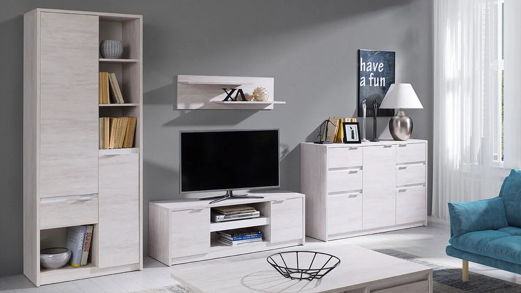 Camera de zi Providence F117Stejar albit, Alb lucios, Părți separate, Cu comodă tv, Cu componente suplimentare, PAL laminat, 200x40cm, 156 kg