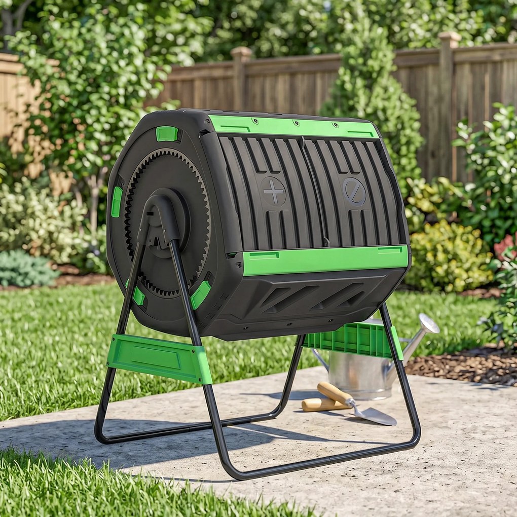 Compostor de Grădină Rotativ Outsunny 200L cu Cameră Dublă, Rotație 360°, Guri de Aerisire, Mănuși, din PP Fără BPA, pentru Compostare Deșeuri Organice din Bucătărie, Grădină și Curte | Aosom Romania