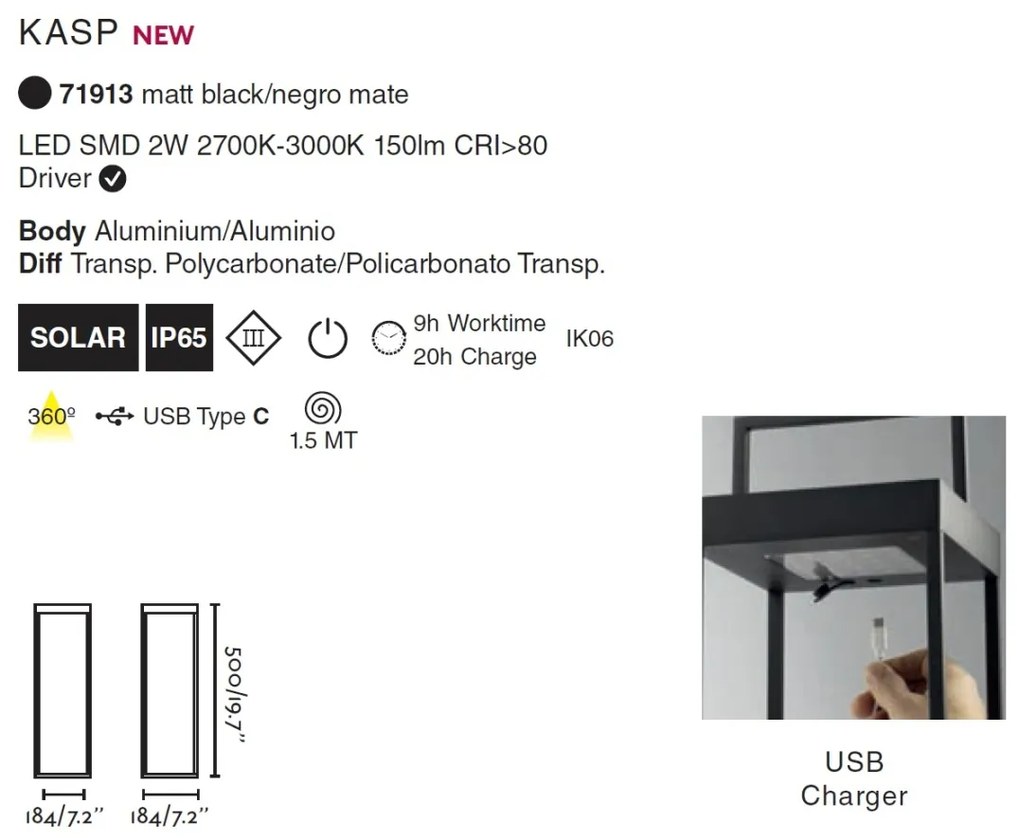 Felinar / Lampa LED solara portabila iluminat exterior decorativ IP65 KASP H-50cm