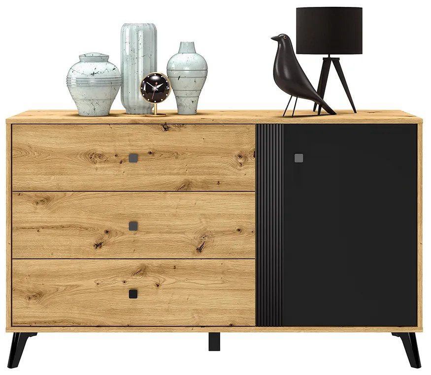 Comoda cu 3 sertare si 1 usa, stejar artisan negru, 138x83x40 cm, modern ,model pe mijloc usa, picioare negre , pentru living , dormitor, hol stejar