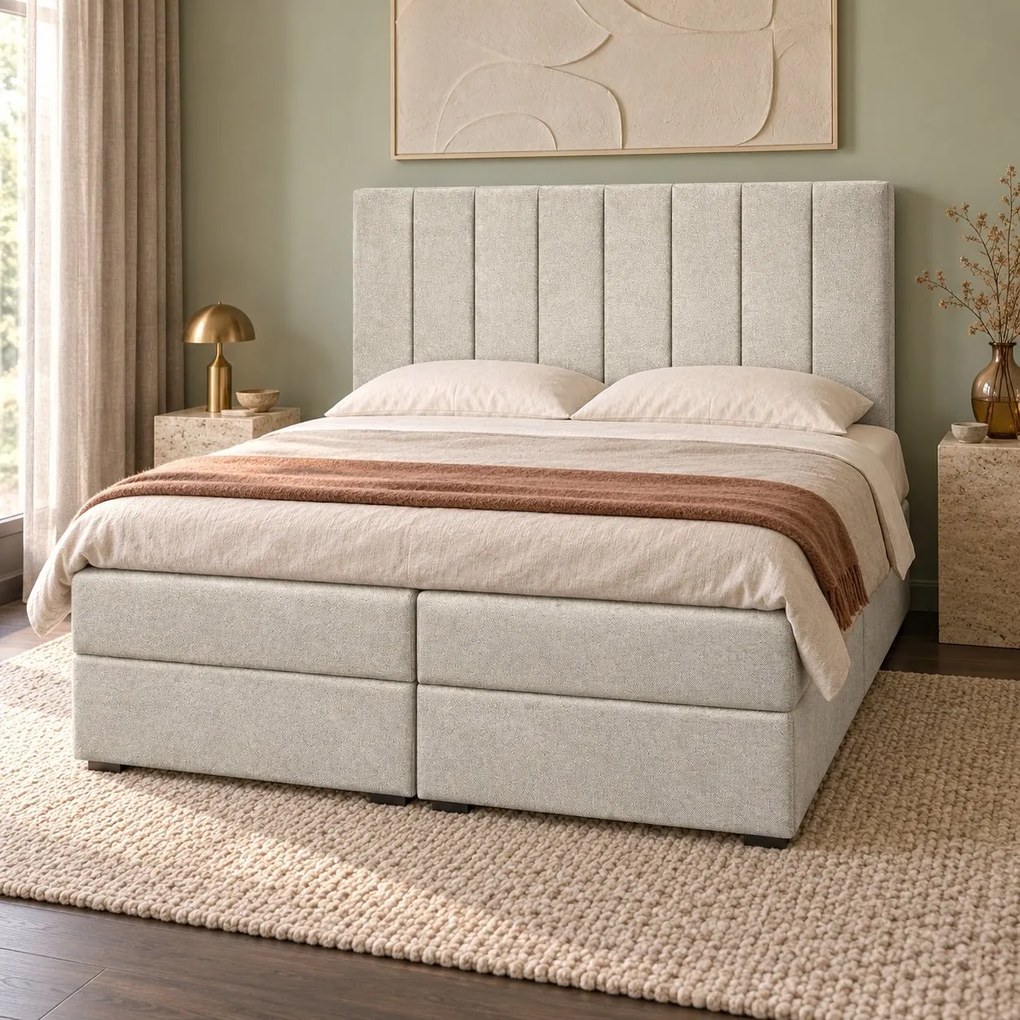 Pat boxspring din catifea Novella cu ladă 180×200 cm, crem
