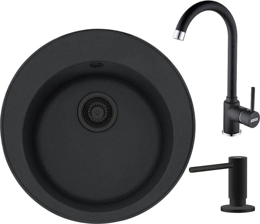 Set chiuveta bucatarie compozit Franke Rotondo VN 51 cm finisaj negru mat cu dozator detergent si baterie Pola