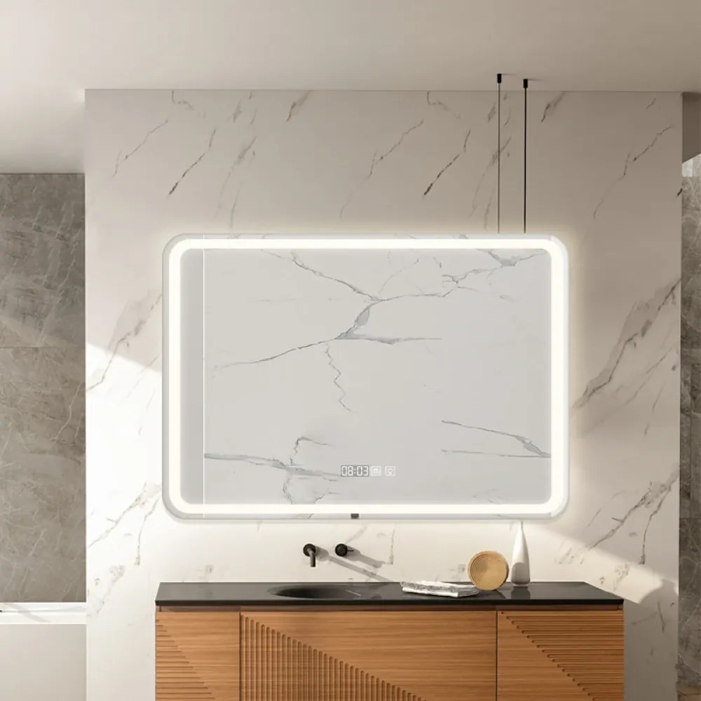 Oglindă baie, Multifuncțională, Iluminare LED Touch, Sistem Dezaburire, Ceas electronic încorporat, Indicator Temperatura, 100x70 cm