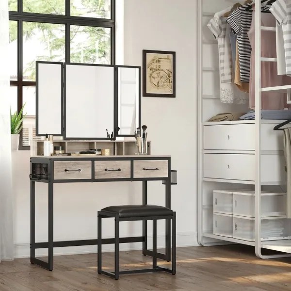 Set masă de toaletă cu taburet FLORA, 28,6 x 42 cm, gri/negru