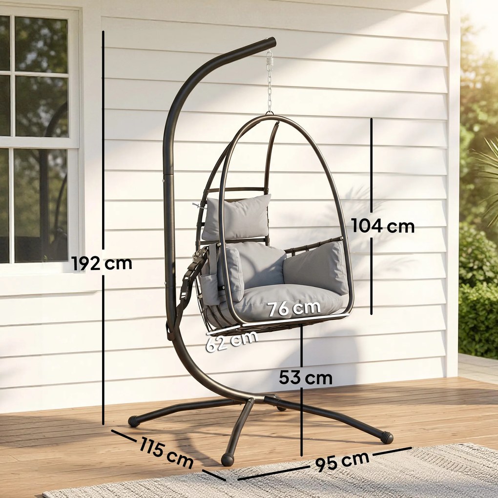 Outsunny Fotoliu Suspendat Tip Ou cu Suport Coș Pliabil Tetieră Pernă Buzunar Lateral Sarcină 120 kg Gri Închis | Aosom Romania