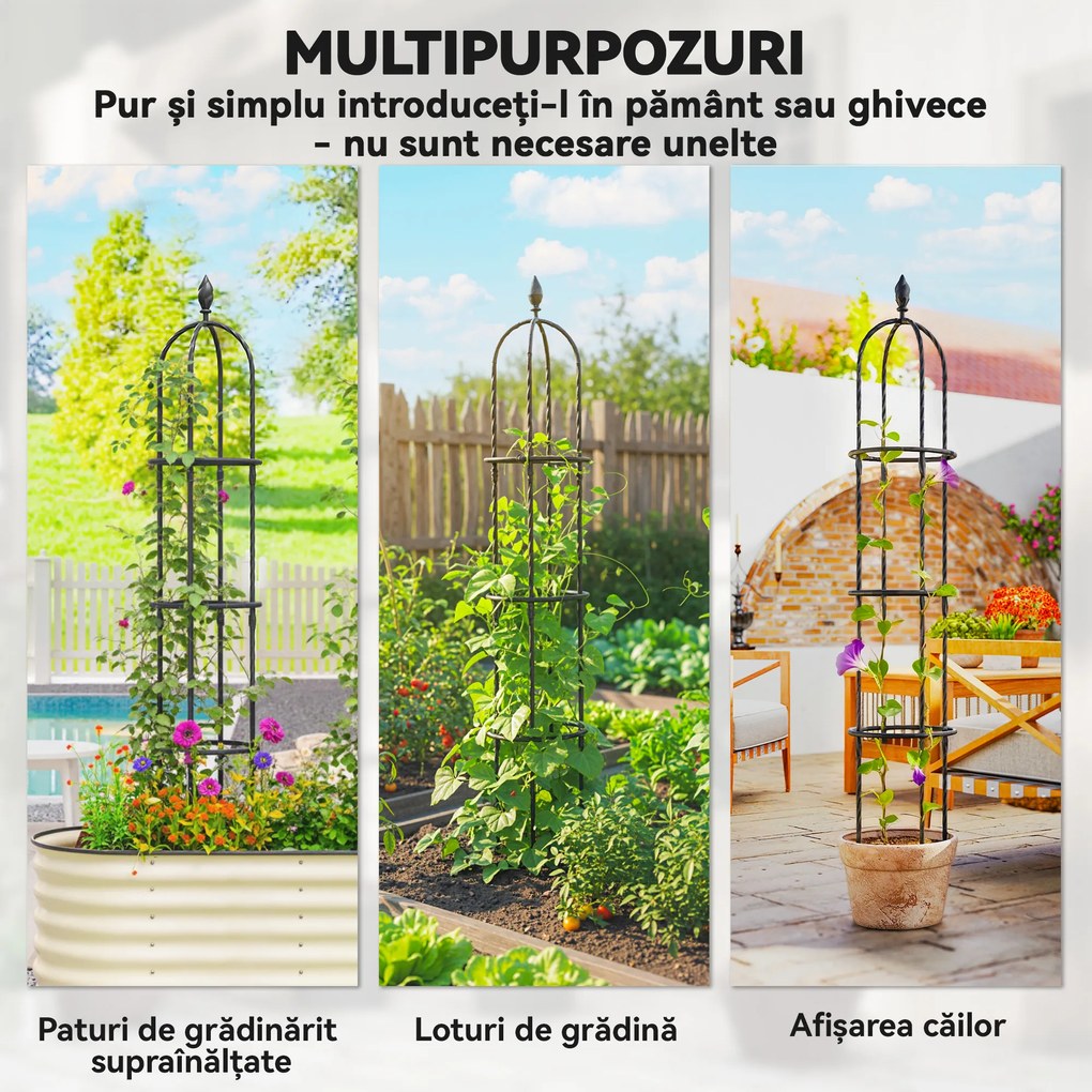 Outsunny Set de 2 Suporturi pentru Plante Cățărătoare înalte de 1,74 m, Suporturi din Oțel cu Decorațiuni, pentru Trandafiri, Roșii, Flori, Mazăre și Legume, Negru | Aosom Romania