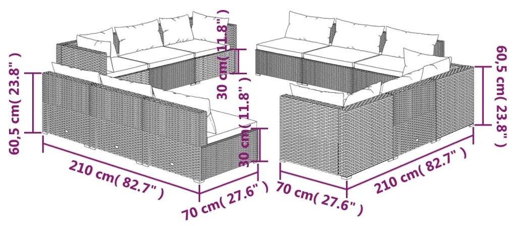 Set mobilier de gradina cu perne, 12 piese, maro, poliratan maro si verde, 4x colt + 8x mijloc, 1