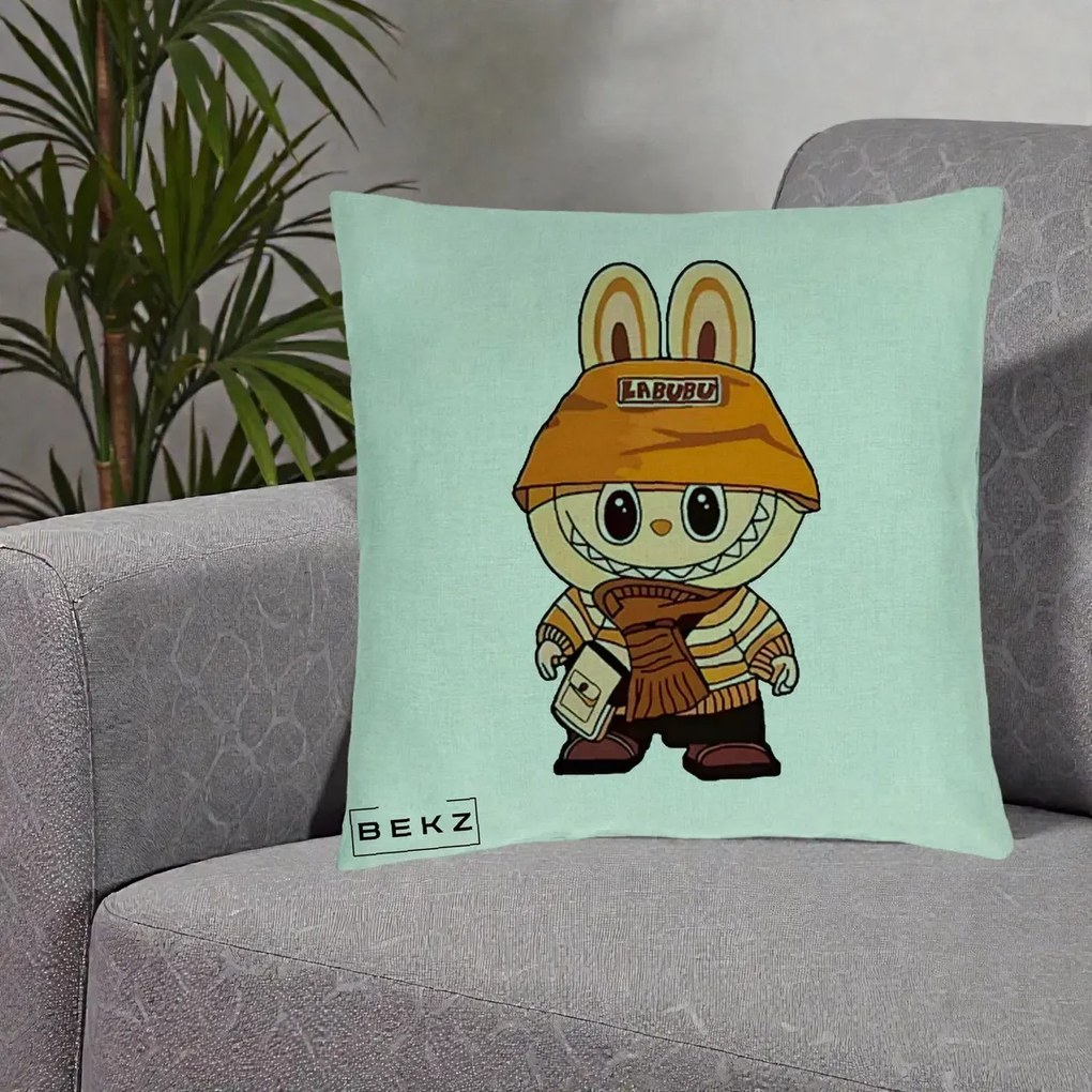 Perna Personalizata Labubu Streetwear Portocaliu, 40x40 cm, Verde Menta, Husa Detasabila, Perna Inclusa, BEKZ®