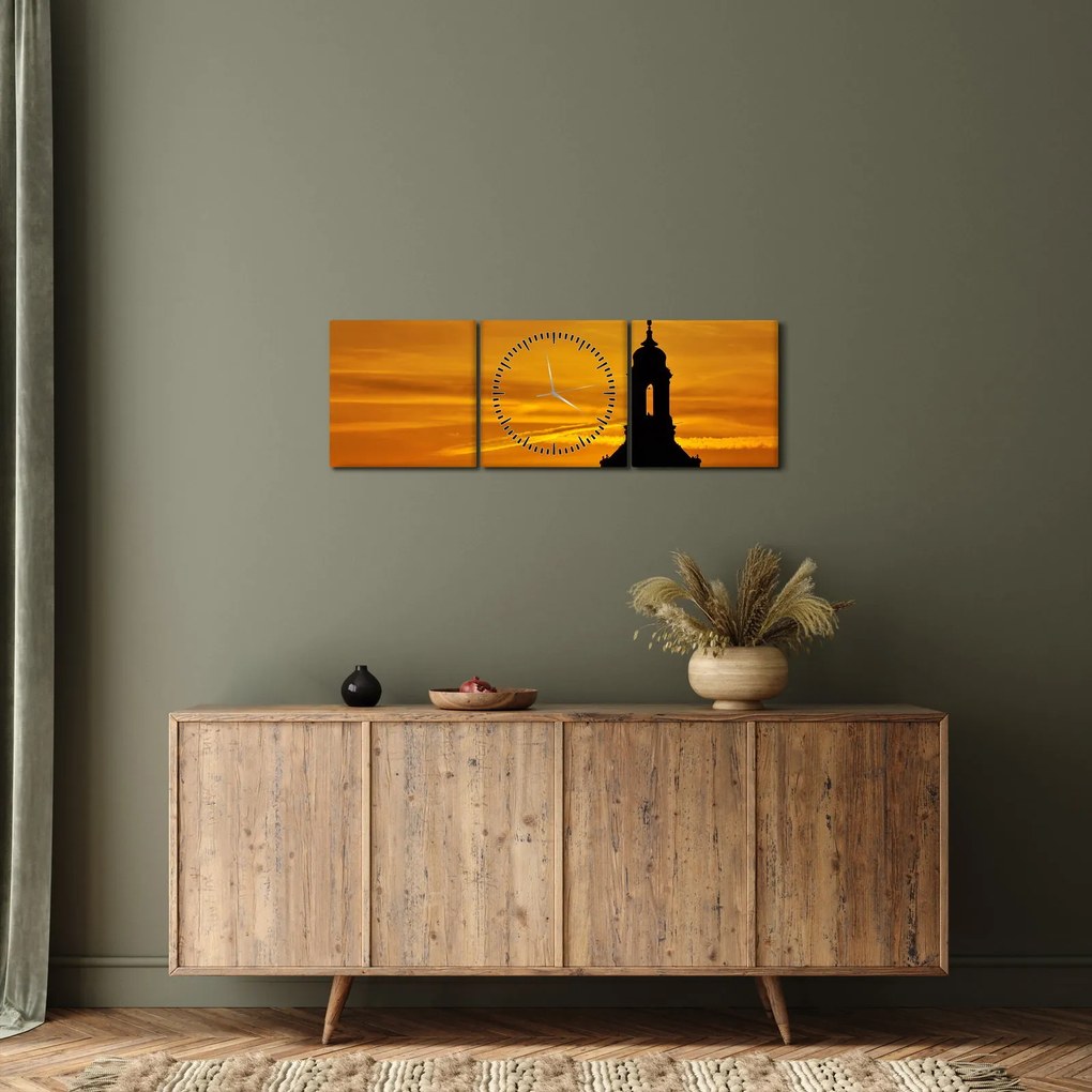 Tablou cu biserică în apus de soare (cu ceas) (90x30 cm)