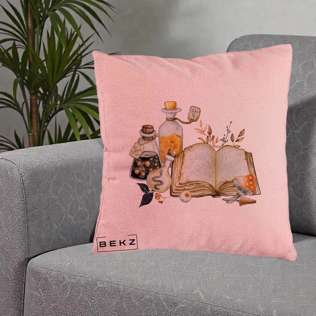 Perna Decorativa Grimoire Vrajitoare si Filtre Magice Halloween, 40x40 cm, Roz, Husa Detasabila, Perna Inclusa, BEKZ®
