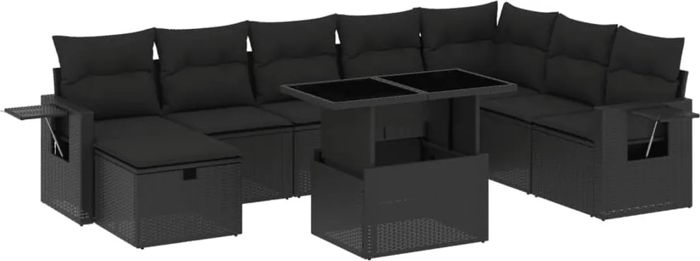 vidaXL Set mobilier de grădină cu perne, 9 piese, negru, poliratan